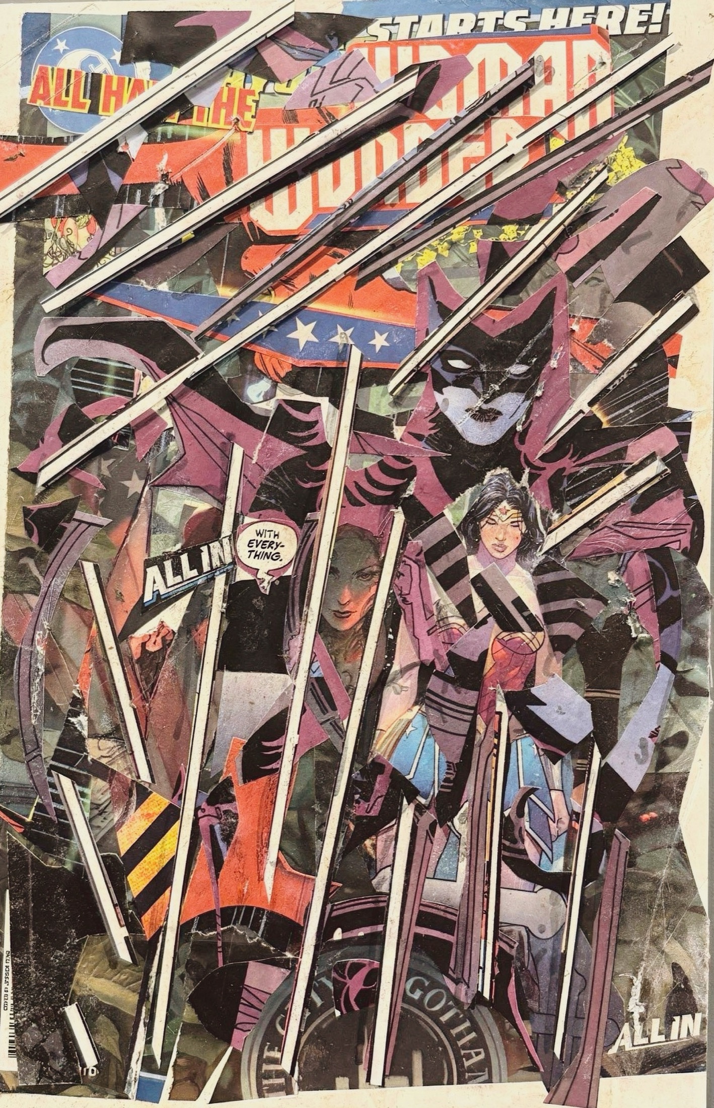 A tall collage with purple-clad figures, long silver strips, and layered city signage on worn paper.