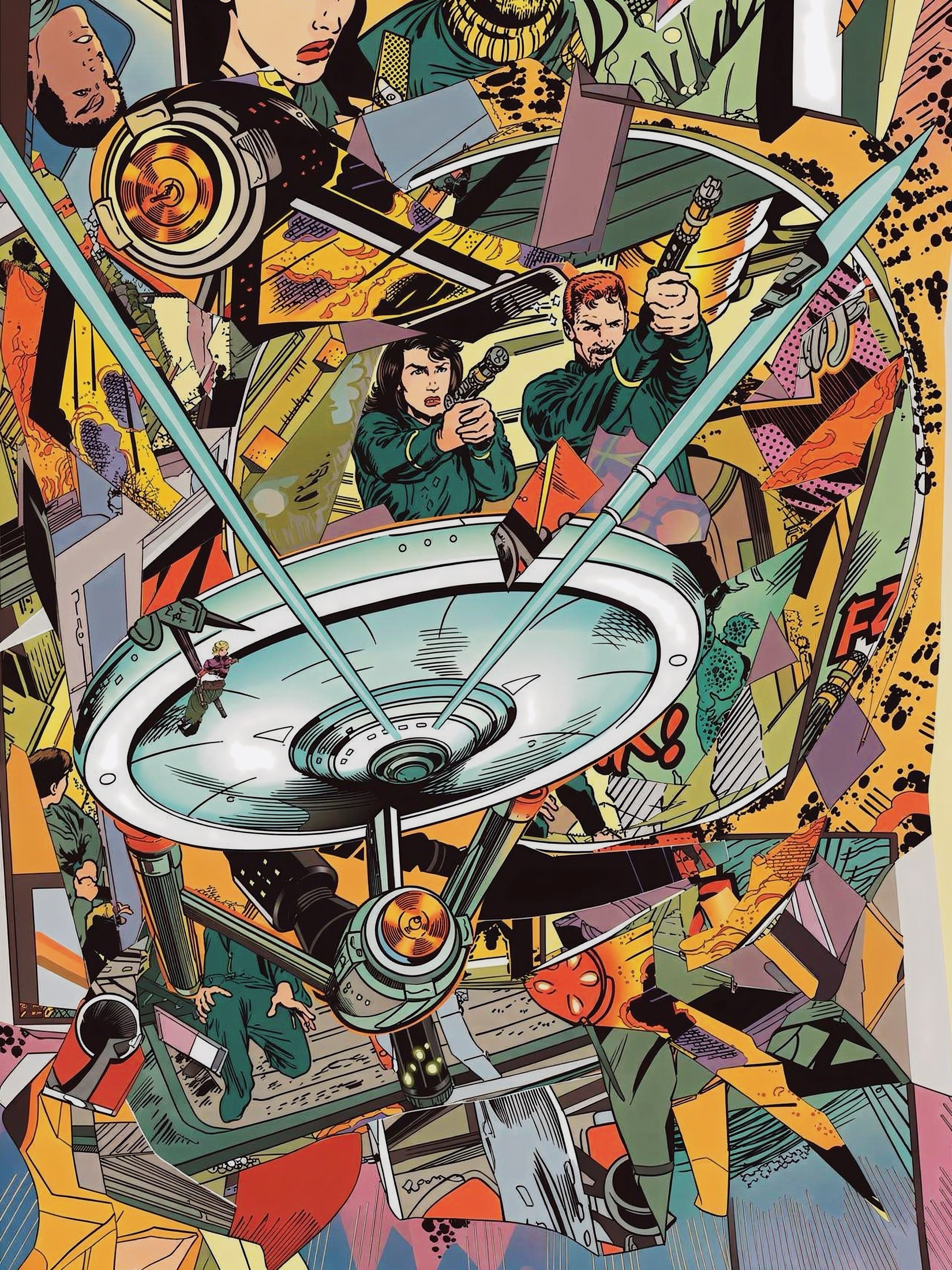 A vertical collage featuring a large spaceship at center with figures and sci-fi fragments around it.