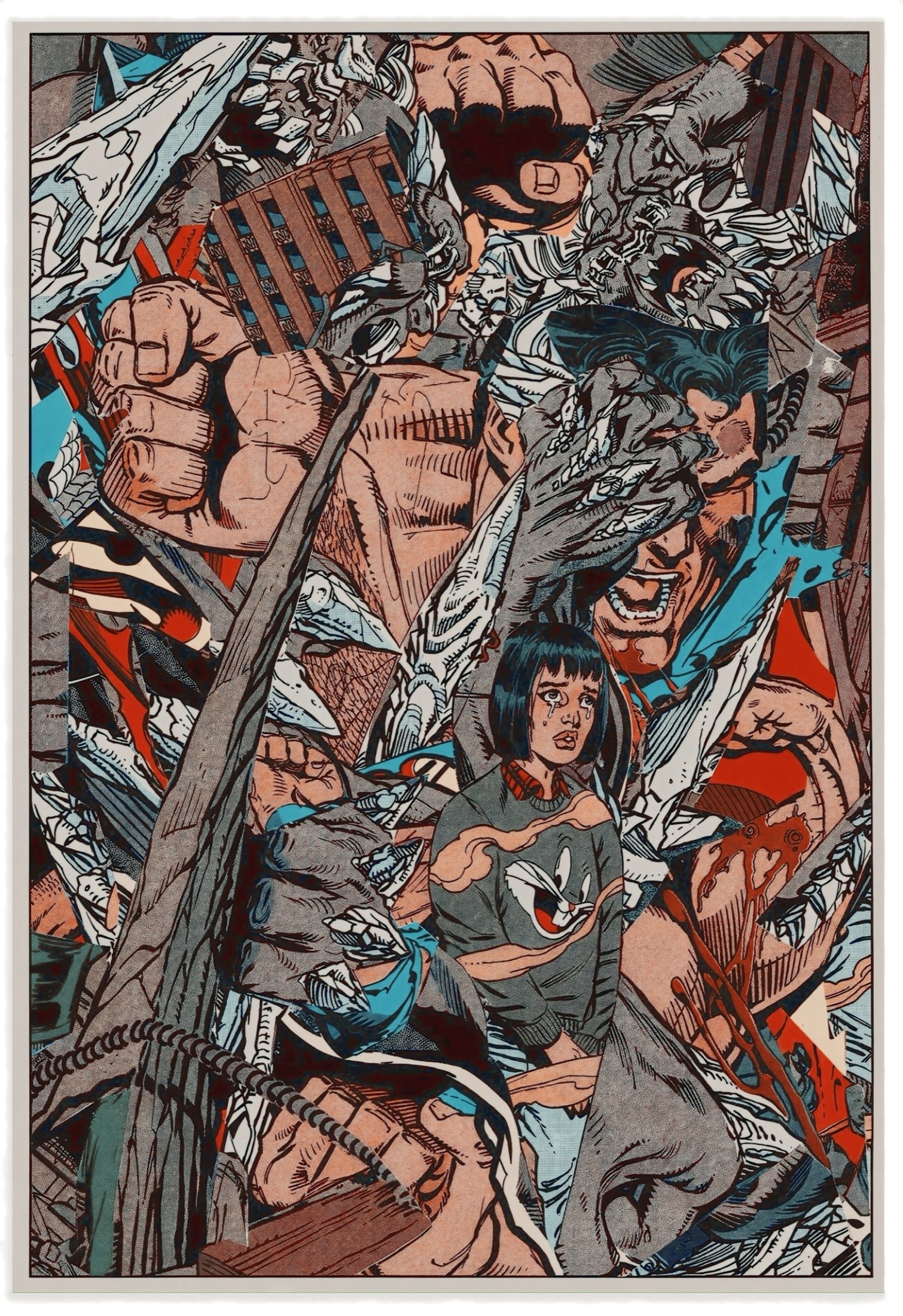 A vertical collage with a large muscular figure, a smaller central child figure, and fractured comic elements around them.