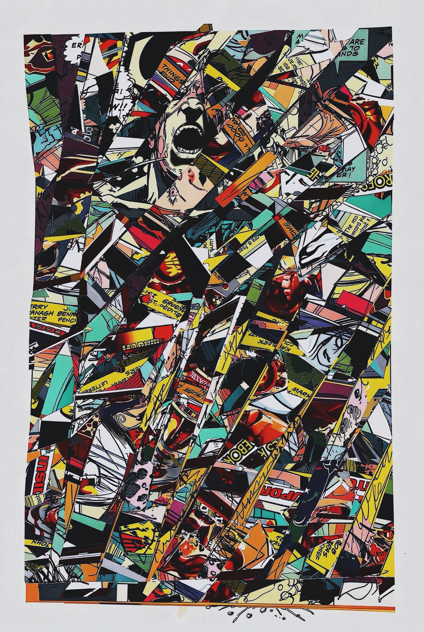 A tall collage packed with colorful shard-like comic fragments and a screaming face near the top.