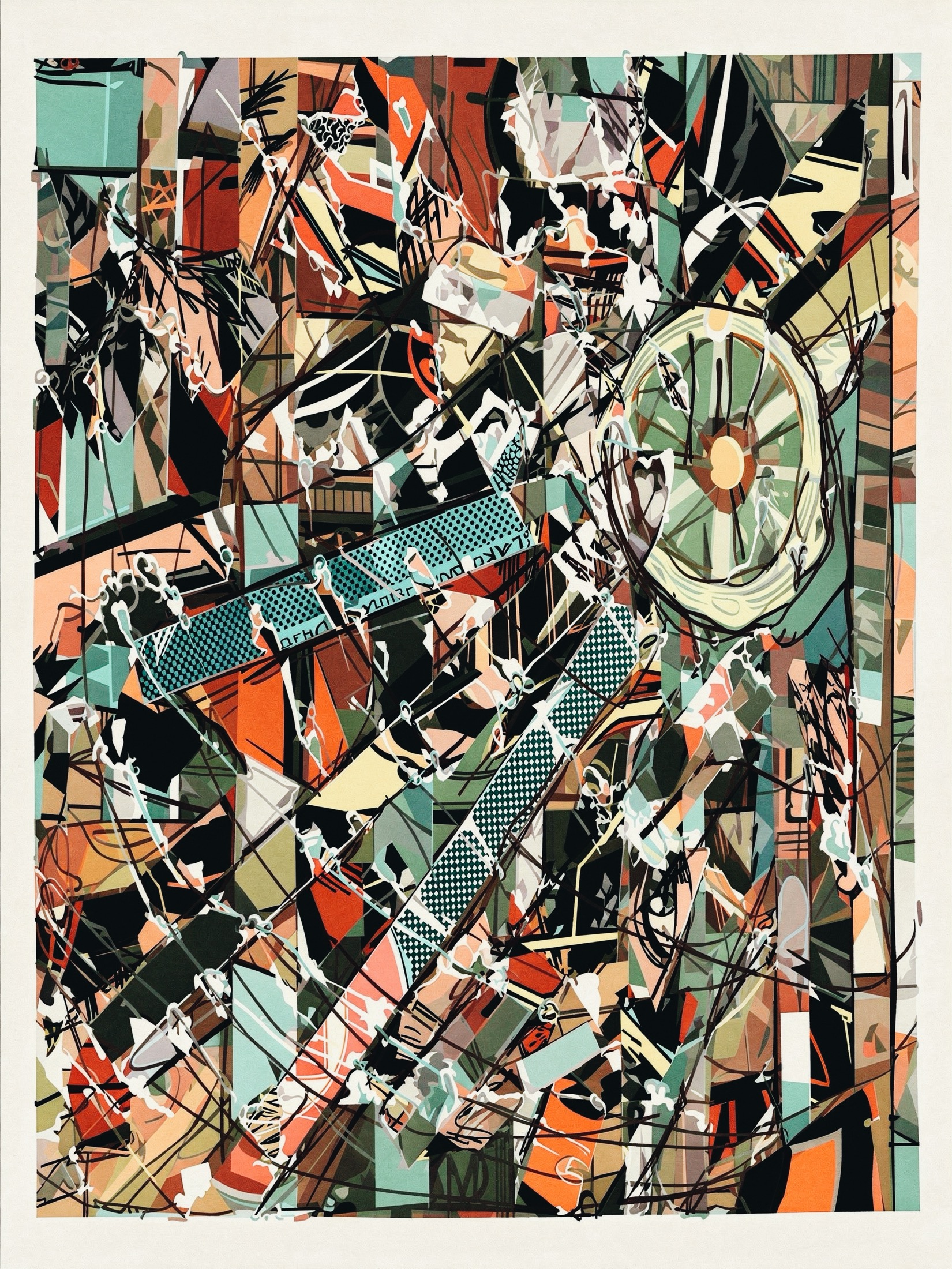A vertical abstract collage with green, orange, and black shapes arranged in a layered grid.